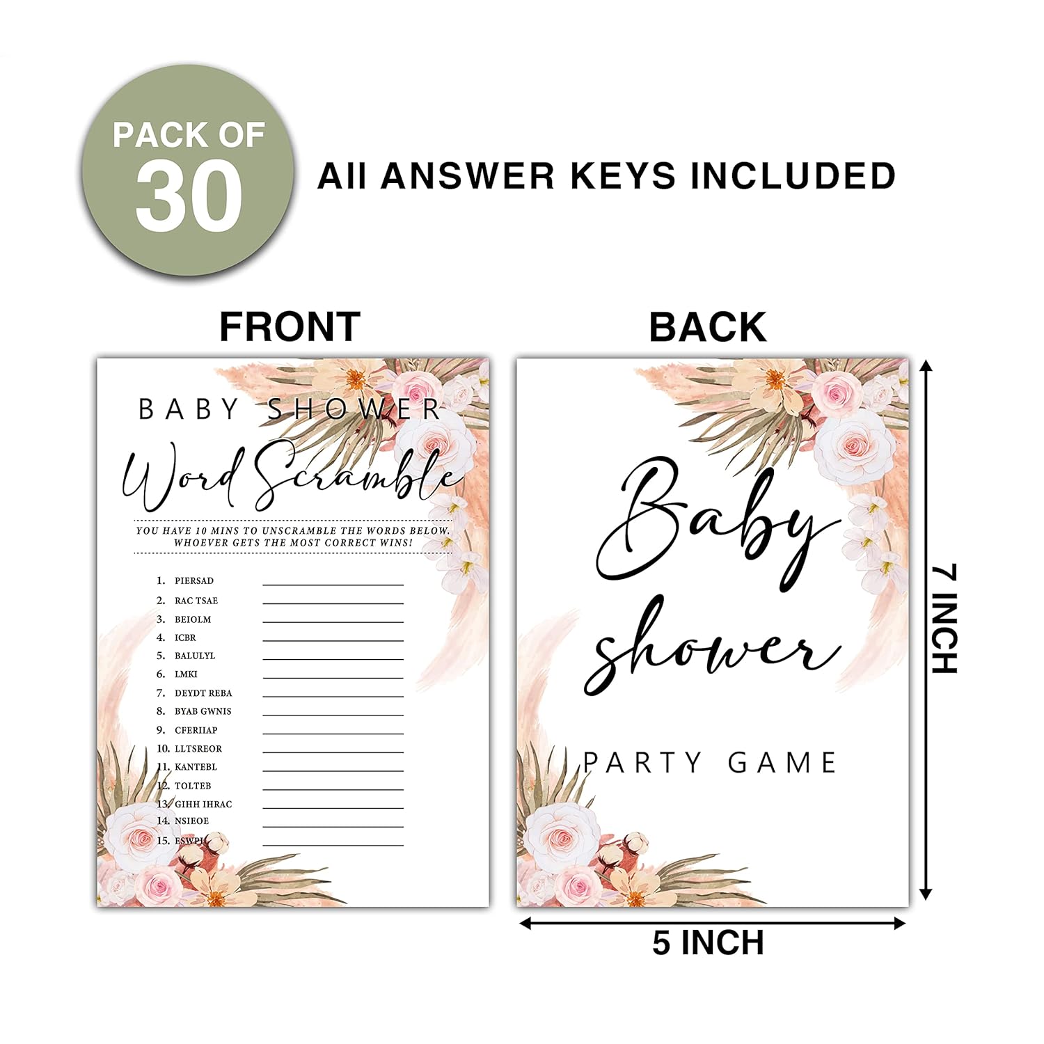 30 Boho Floral Baby Shower Games With 1 Answer Card (5"X7") - Word Scramble Game - Boho Floral Baby Gender Reveal Party Games - Boho Theme Gender Neutral Party Favors And Supplies (H03)