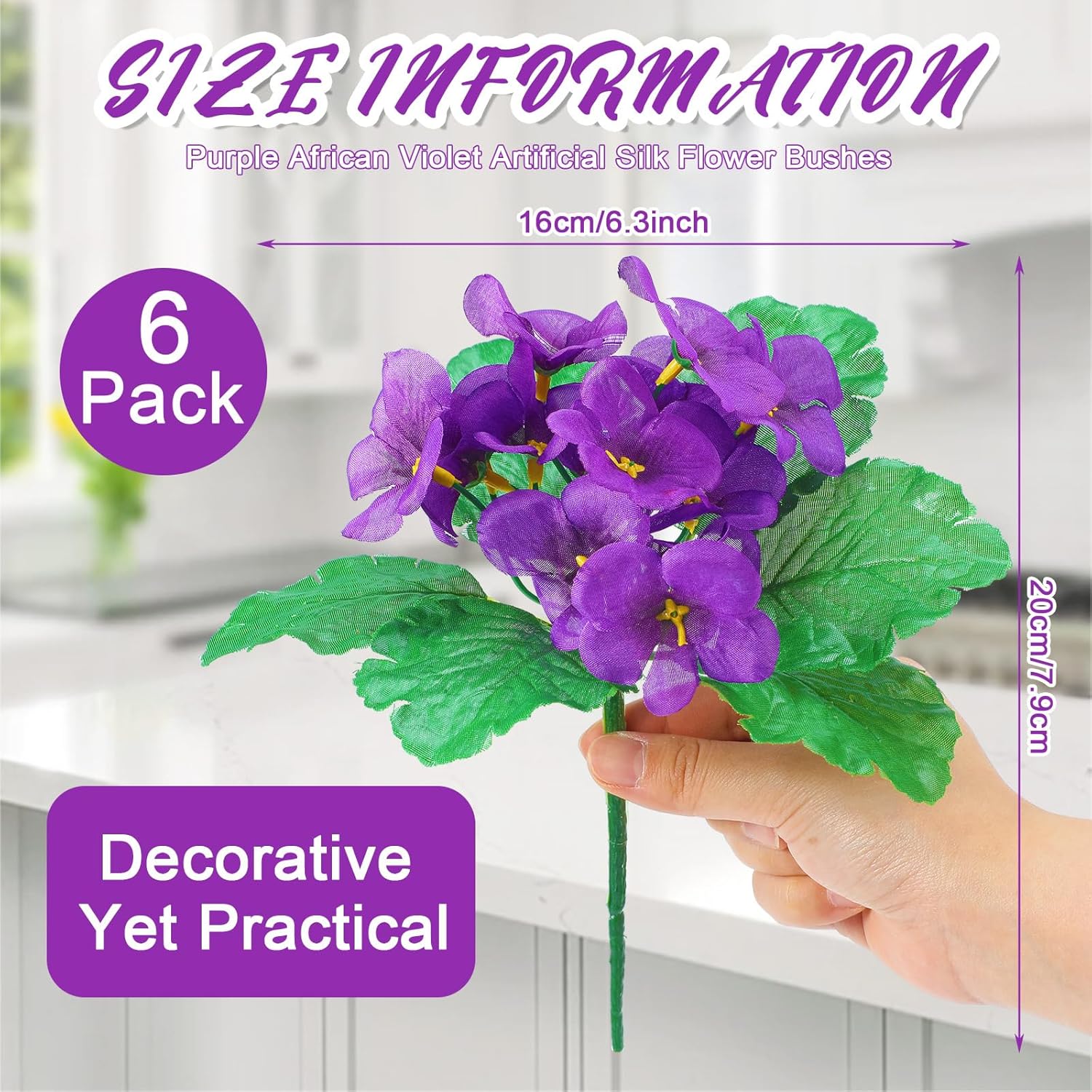6 Pack Purple African Violet Artificial Silk Flower Bushes Individual Artificial Violet Flowers Houseplant