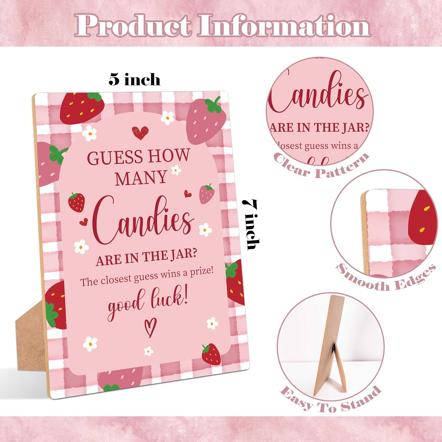Strawberry Guess How Many Candies Are In The Jar Game, Pack Of 1 Wooden Tabletop Sign With Stand And 50 Guessing Cards, Berry Baby Shower Game, Gender Reveal Party Decorations - Wv16