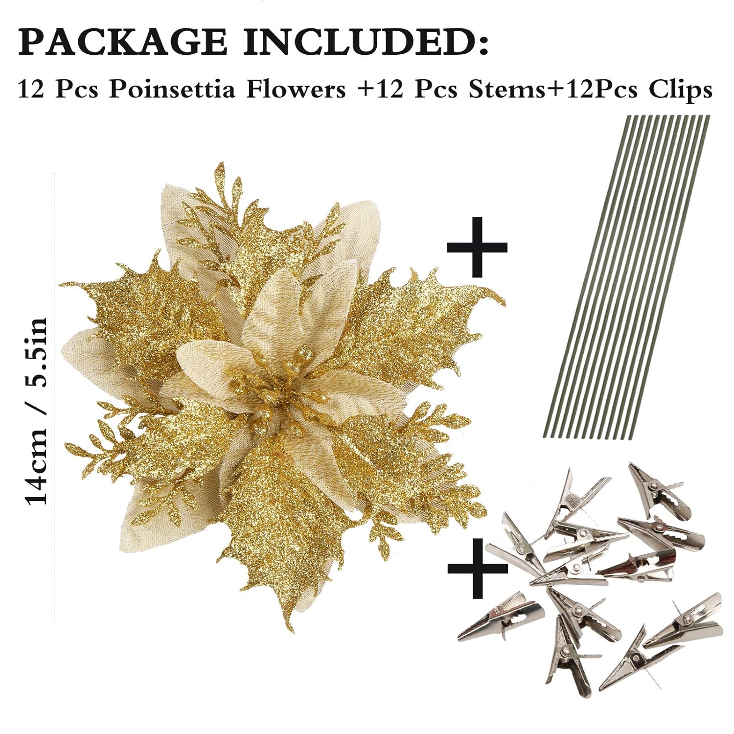 12 Pcs Glitter Poinsettia 5.5" Artificial Flowers Christmas With Clips Stems Xmas Tree Ornaments For New Year Party Stairs Fireplace Porch Balcony Garden Church Wreath Decoration (Golden)