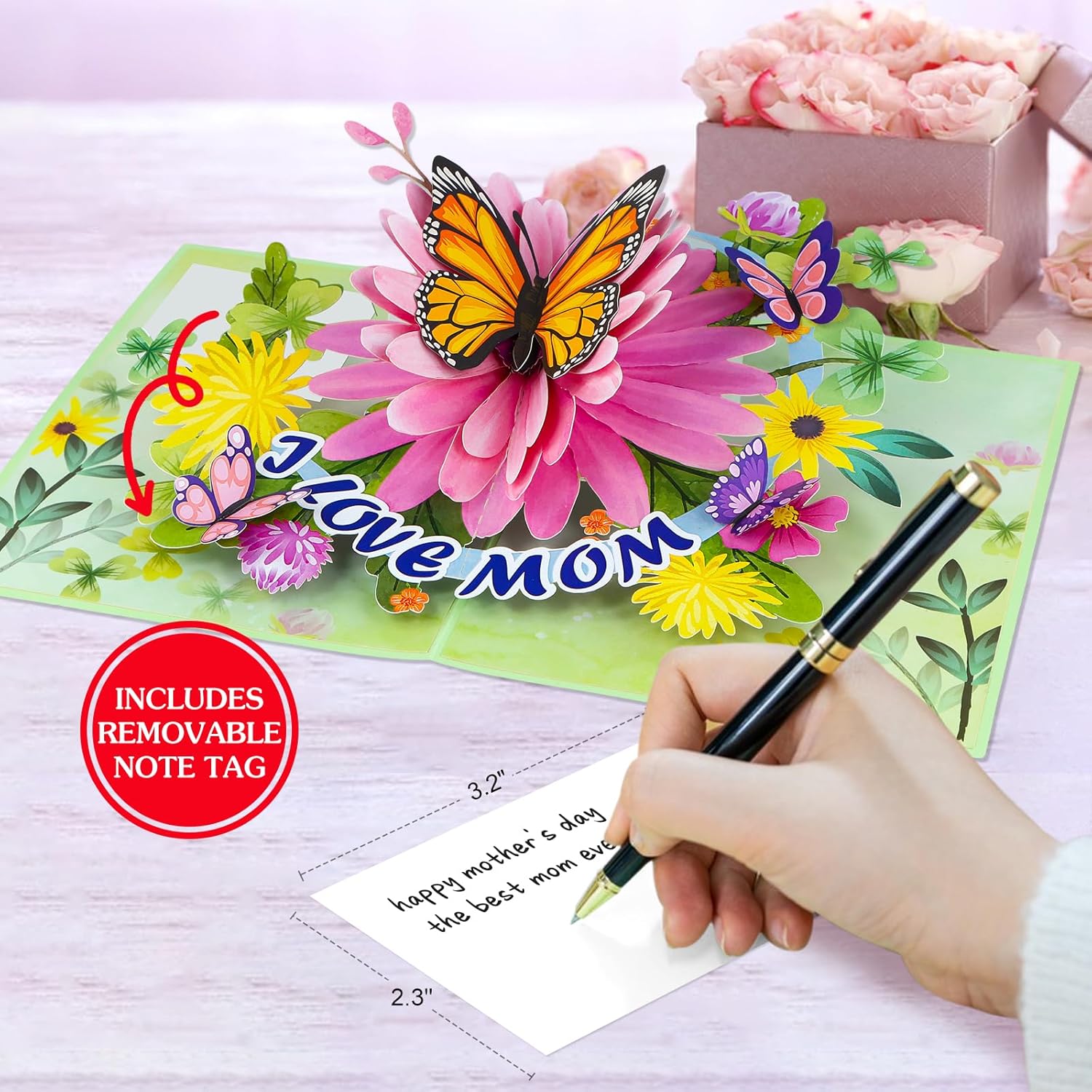 Birthday Cards For Mom - 3D Butterfly Flower Pop Up Greeting Card With Envelope & Note Tag Birthday Mothers Day Gift For Women Wife Mom Grandma Stepmother From Daughter Son