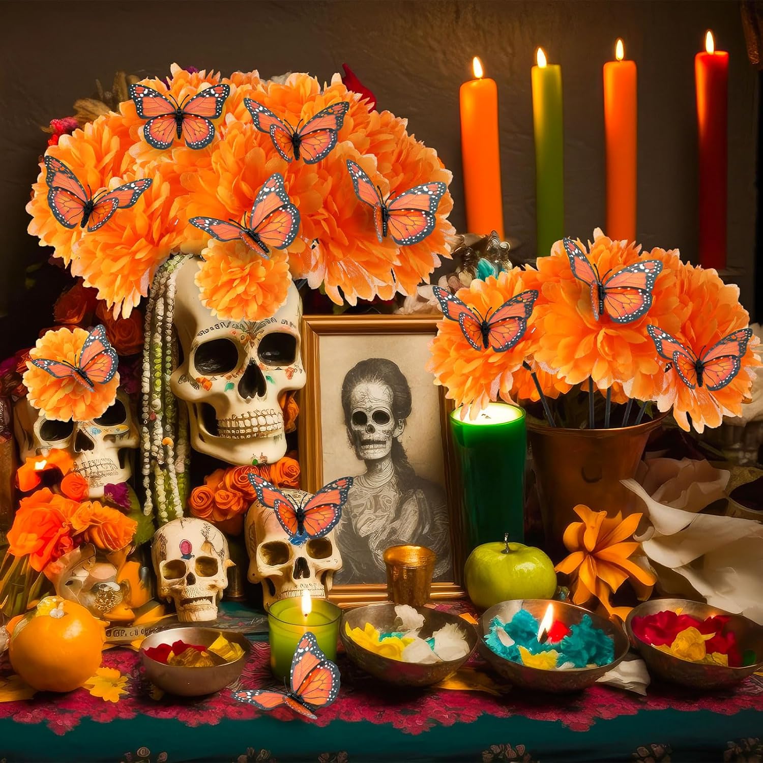 92 Pcs Dia De Los Muertos Decorations, 80 Pcs Artificial Marigold Flowers With 12 Monarch Butterfly Fake Butterflies And Orange Marigolds For Diy Wreath Garland Craft Halloween Diwali Indian Wedding