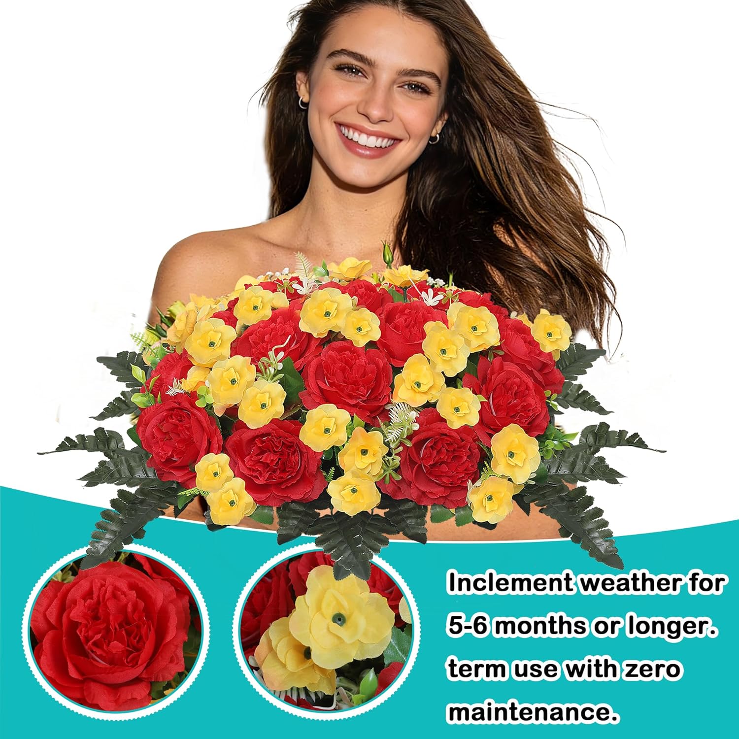 Artificial Cemetery Flowers For Graves Realistic Peony Headstone Flower Saddle Memorial Cemetery Flowers Grave Decorations For Cemetery Uv Resistant & No-Fade (Red Yellow)