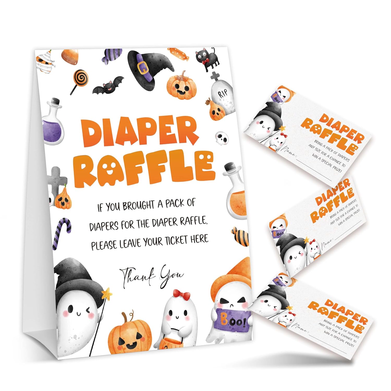 Halloween Baby Shower Games, Spooky Diaper Raffle Tickets For Pumpkin Gender Reveal Party Supplies Decorations, 1 Standing Sign + 50 Ticket - A04