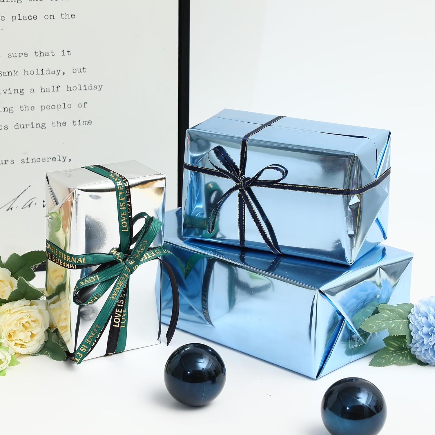 Silver Gift Wrapping Paper Waterproof Bouquet Wrap Mirror Film Korean Style Fresh Flowers Wrapping Paper Christmas, Holiday Diy Deco 22X360 Inches (Silver)