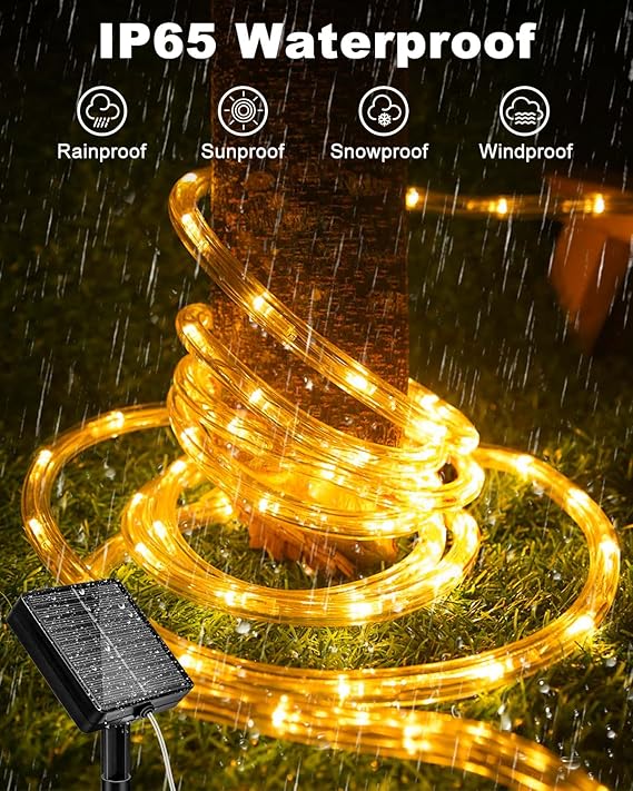 46FT Solar Rope Lights 120 LED Warm White Waterproof Outdoor String Lights with 8 Modes