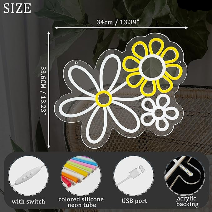 Daisy Flower Neon Sign LED Boho Wall Light 13.39 x 13.23 Inch Warm Cool White Yellow Acrylic Decor