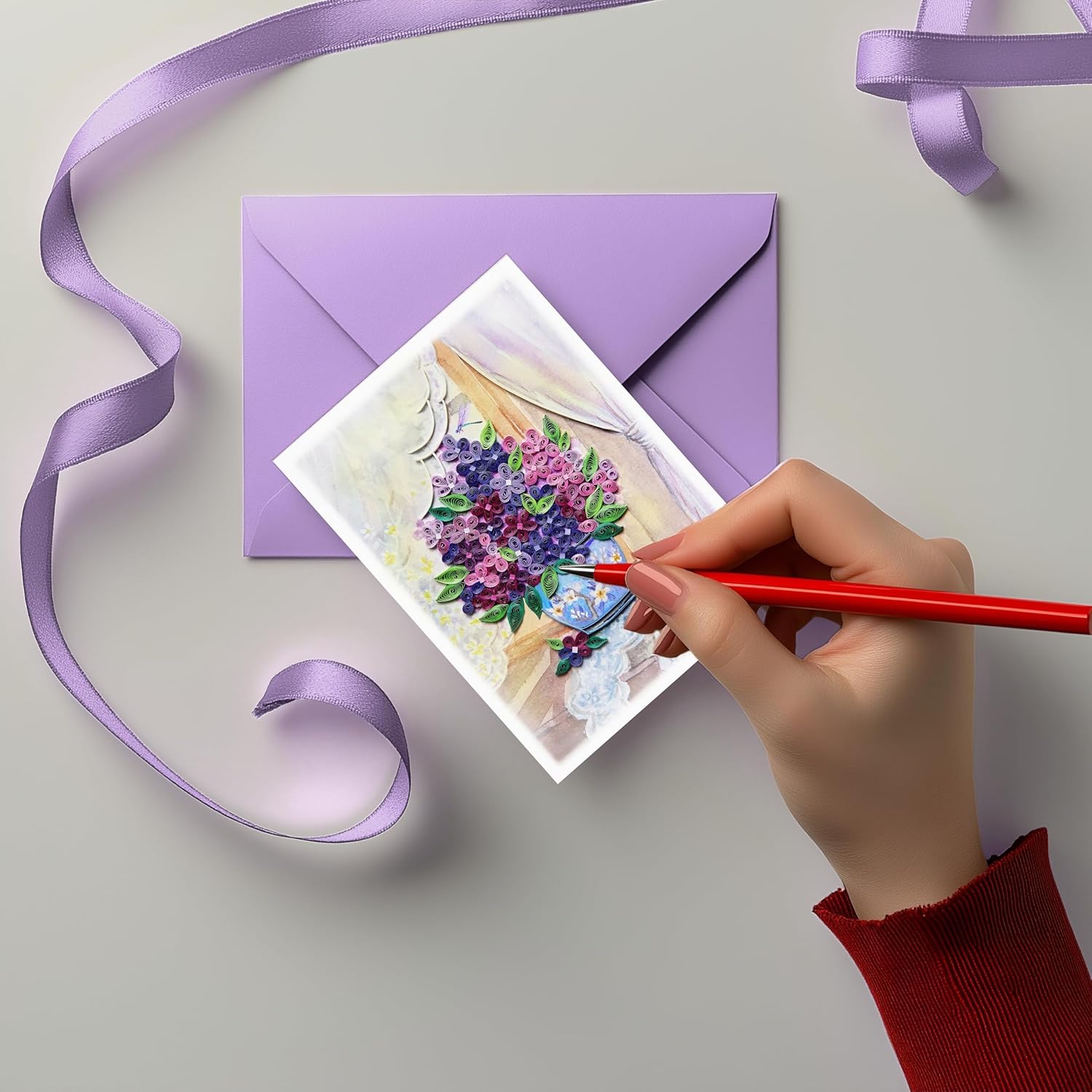 Garden Lilacs In Blue Vase Card, Quilling Cards For All Occasions, Birthday, Mothers Day, Anniversary, Watercolor Classy Card For Women, Mom