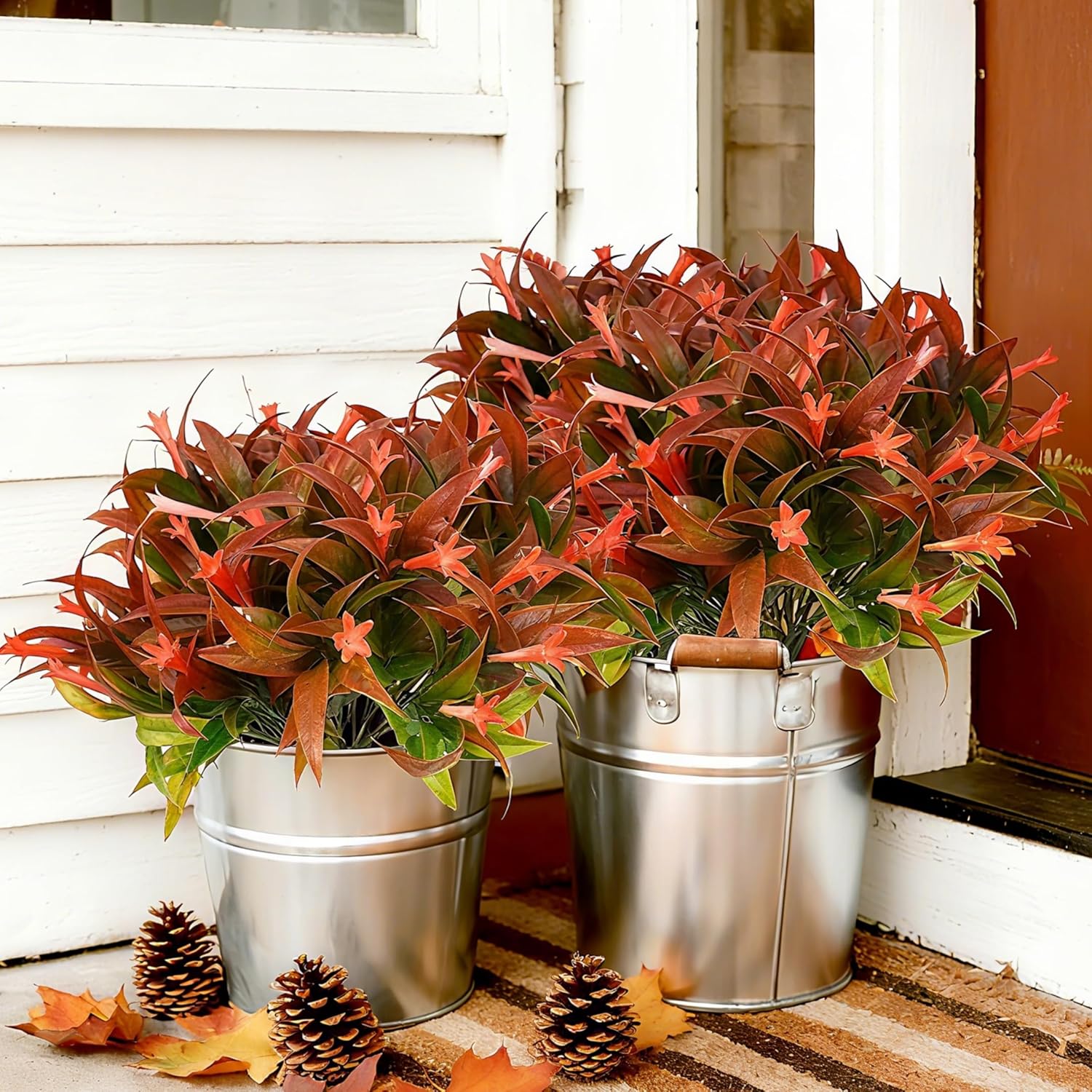 6Pcs Outdoor Artificial Plants Uv Resistant Fake Flowers Plastic Plants Morning Glory Greenery Shrubs For Outside Home Garden Patio Window Box Summer Fall Décor Red