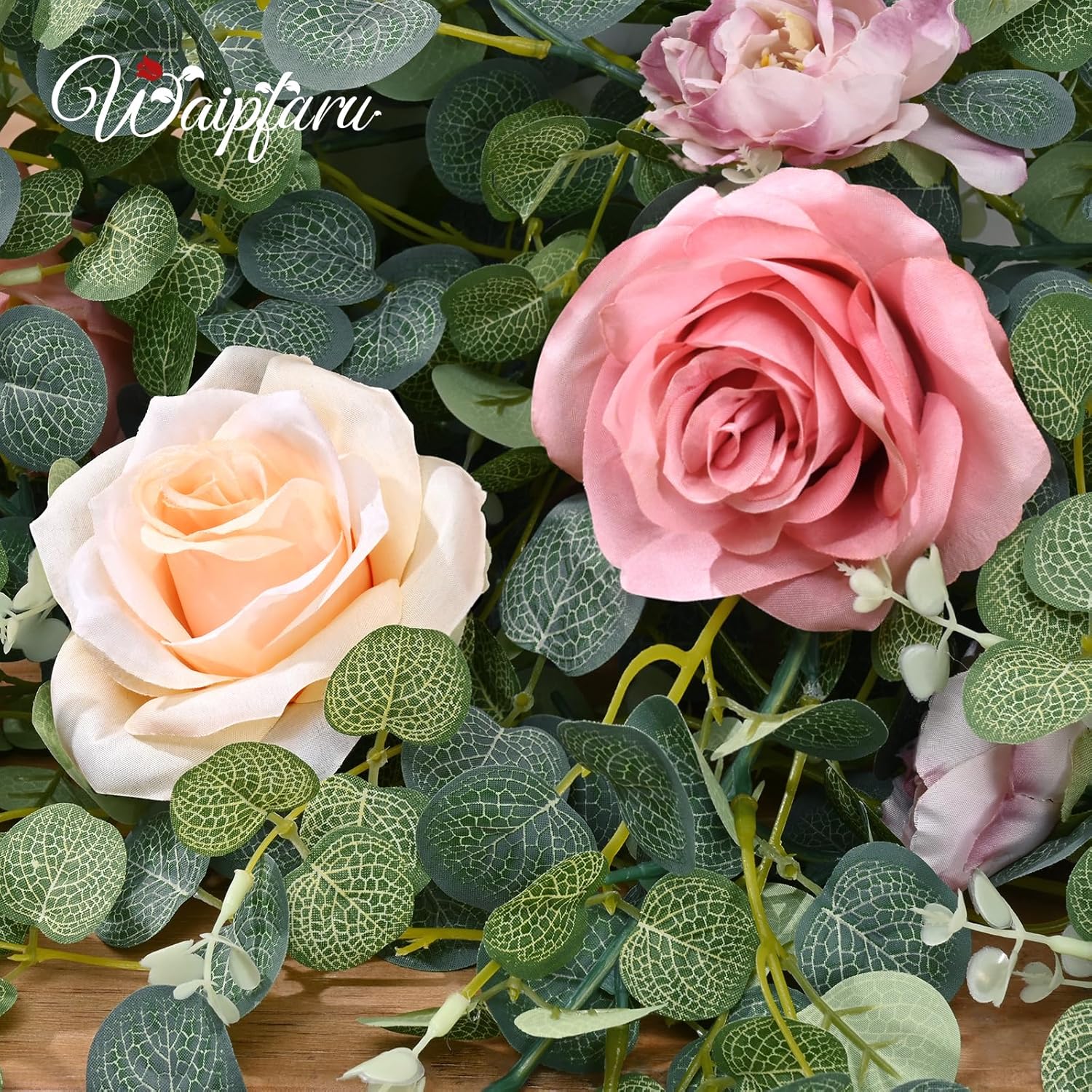 Flower Garland Decorations, 6.07Ft Pink Floral Rose Garland, Artificial Eucalyptus Greenery Vines With Flowers For Wedding Table Runner Centerpieces Backdrop Room Decor (Pink)