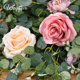 Flower Garland Decorations, 6.07Ft Pink Floral Rose Garland, Artificial Eucalyptus Greenery Vines With Flowers For Wedding Table Runner Centerpieces Backdrop Room Decor (Pink)