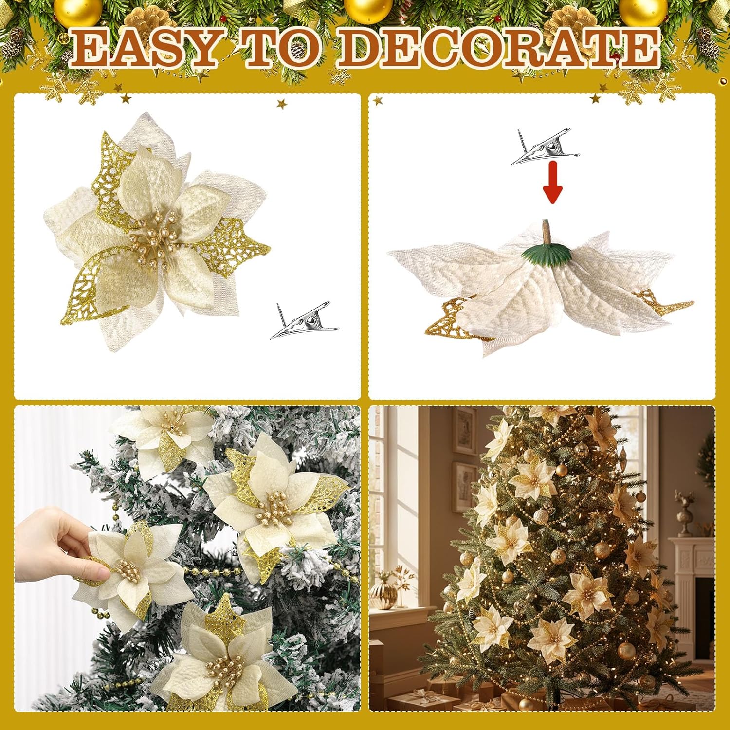 36 Pcs Christmas Glitter Poinsettia Flowers Artificial Flower Ornaments Faux Poinsettia Flower With Clips And Artificial Pearls For Christmas Decoration Holiday Party Decor(Gold)