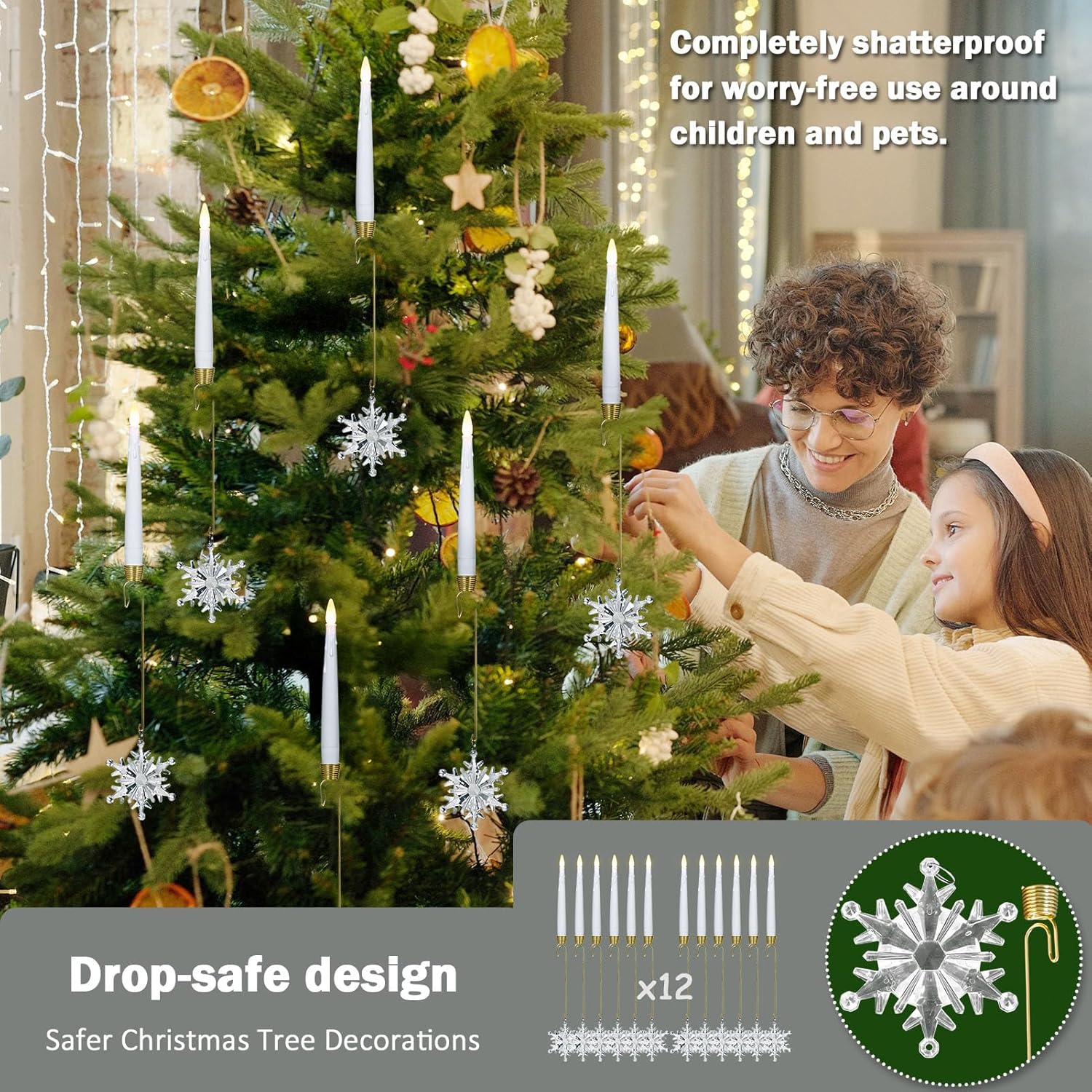 Christmas Tree Candles, 12 Pack Flameless Taper Candle For Christmas Tree Decor – Battery Operated Candlestick W/Crystal Ball Hook For Holiday Home Decor Party