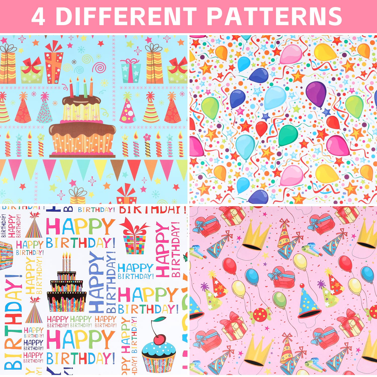 Birthday Wrapping Paper Sheet, 12 Sheets Folded Flat Gift Wrapping Paper, 4 Styles Happy Birthday Gift Wrap With Balloons, Candles, For Birthday Party, Baby Shower And Holiday, 19.7" X 27.5" Per Sheet