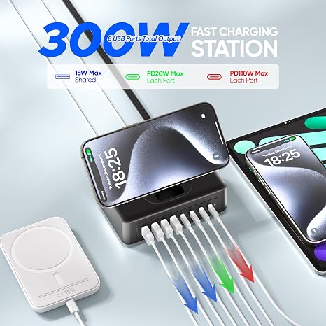300W 11 in 1 USB C Charging Station Power Strip with 2 AC Outlets and 8 USB Ports 5 ft Cord