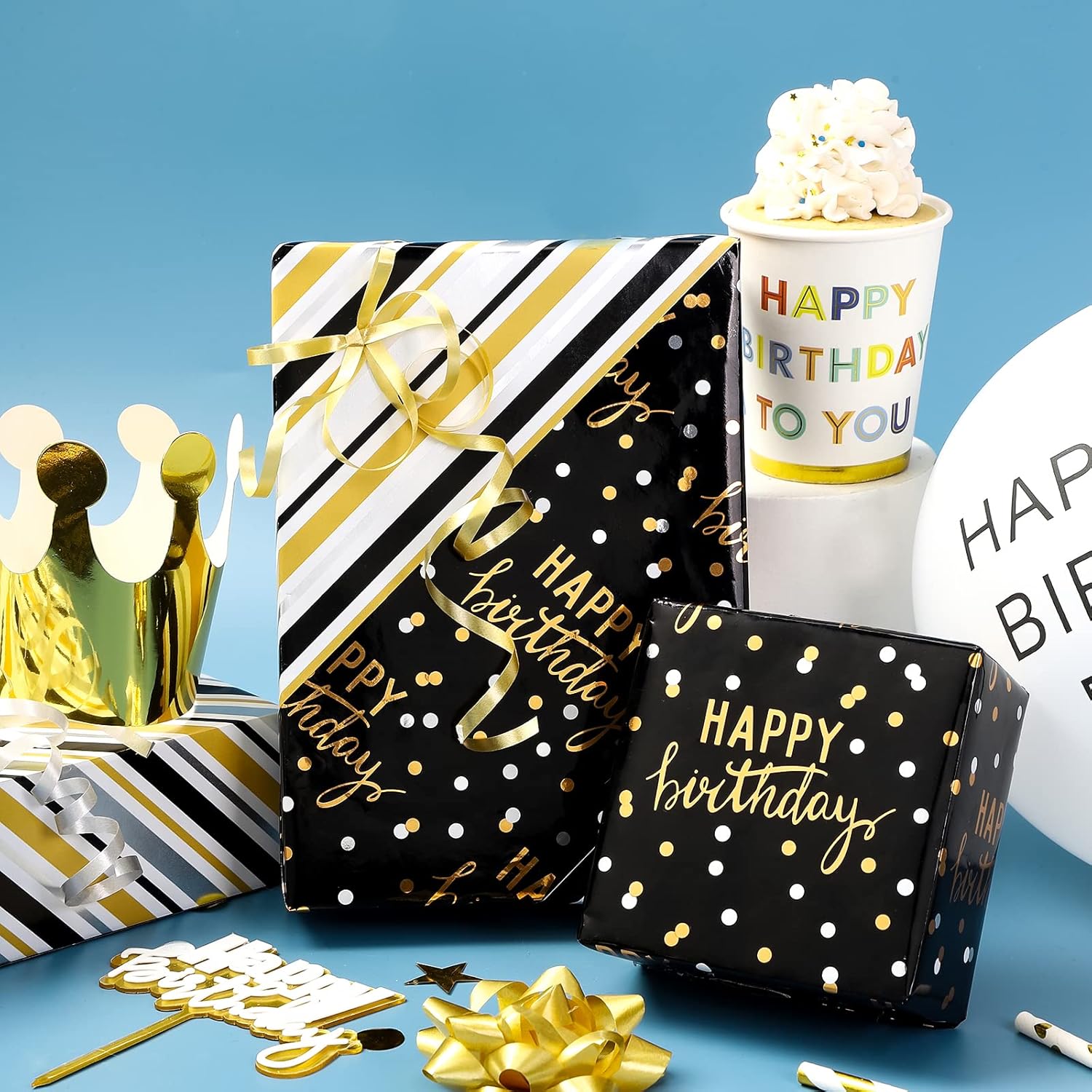 Reversible Black Birthday Wrapping Paper Roll For Boys Men, Happy Birthday Lettering & Stripe Pattern With Metallic Gold Foil In Black, Mini Roll, 17 Inches X 9.8 Feet