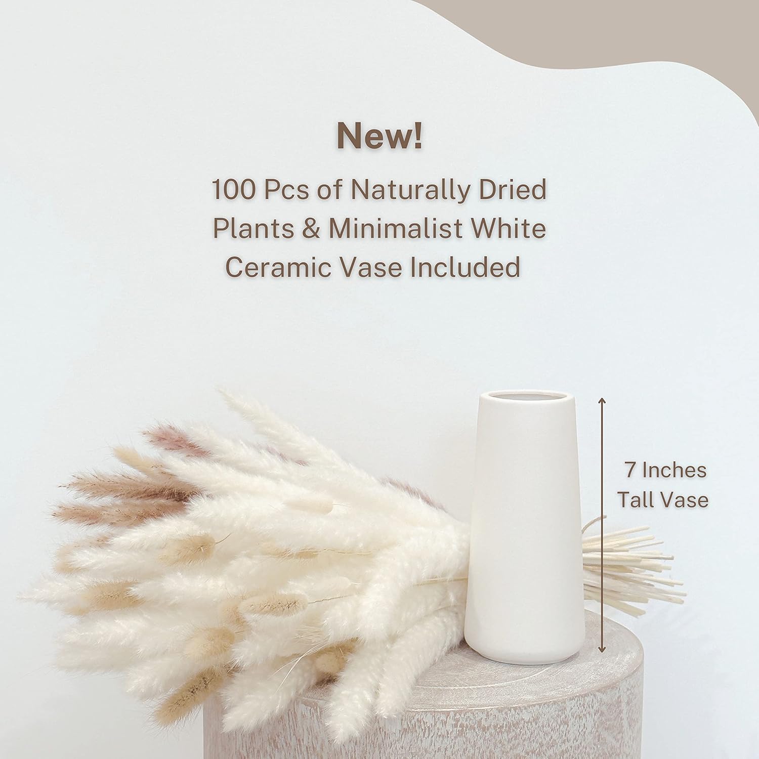 Pampas Grass With Vase Decor For Living Room, Bathroom, Desk, Table Centerpiece | White Ceramic Vase Set With 100 Pcs Dried Plants Fall Decoration, Cream Beige Aesthetic 17" Tall