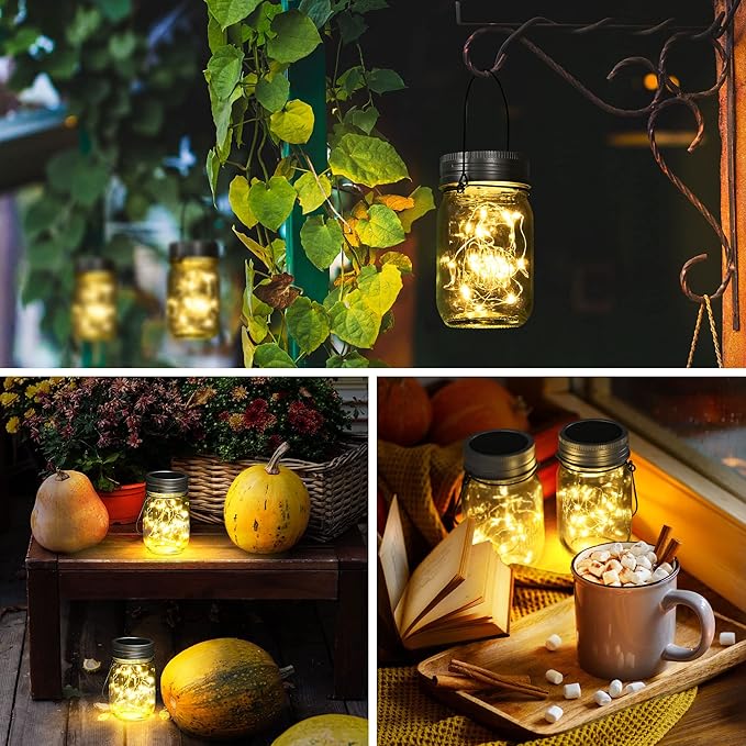 6 Pack Hanging Mason Jar Solar Lights 30 LED Waterproof Outdoor Lanterns with Jars