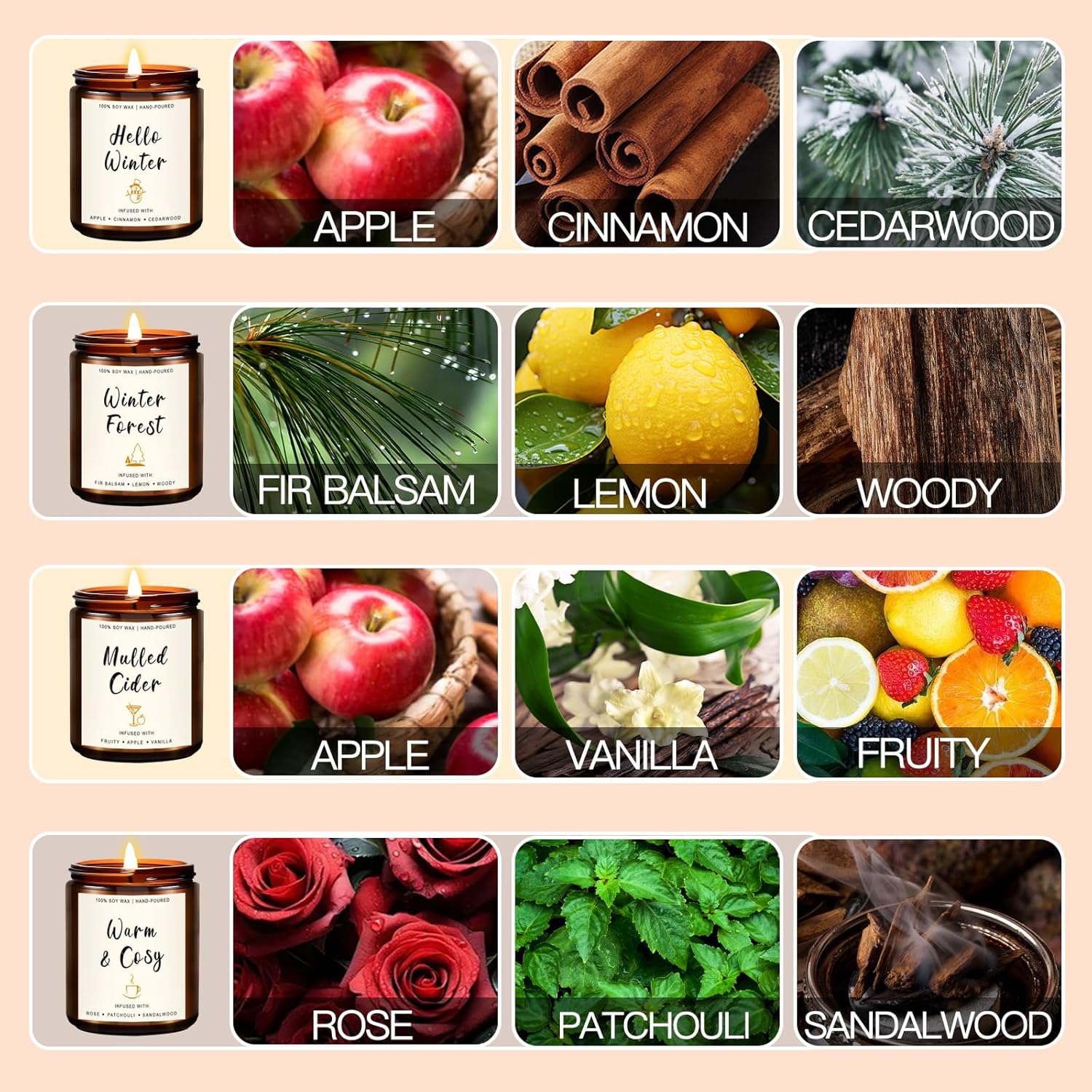 Christmas Scented Candle Gift Set For Women – 4 Pack Winter Soy Candles With Apple Cinnamon, Fir Balsam, Mulled Cider, Sandalwood – Holiday Gifts For Her, Home Décor