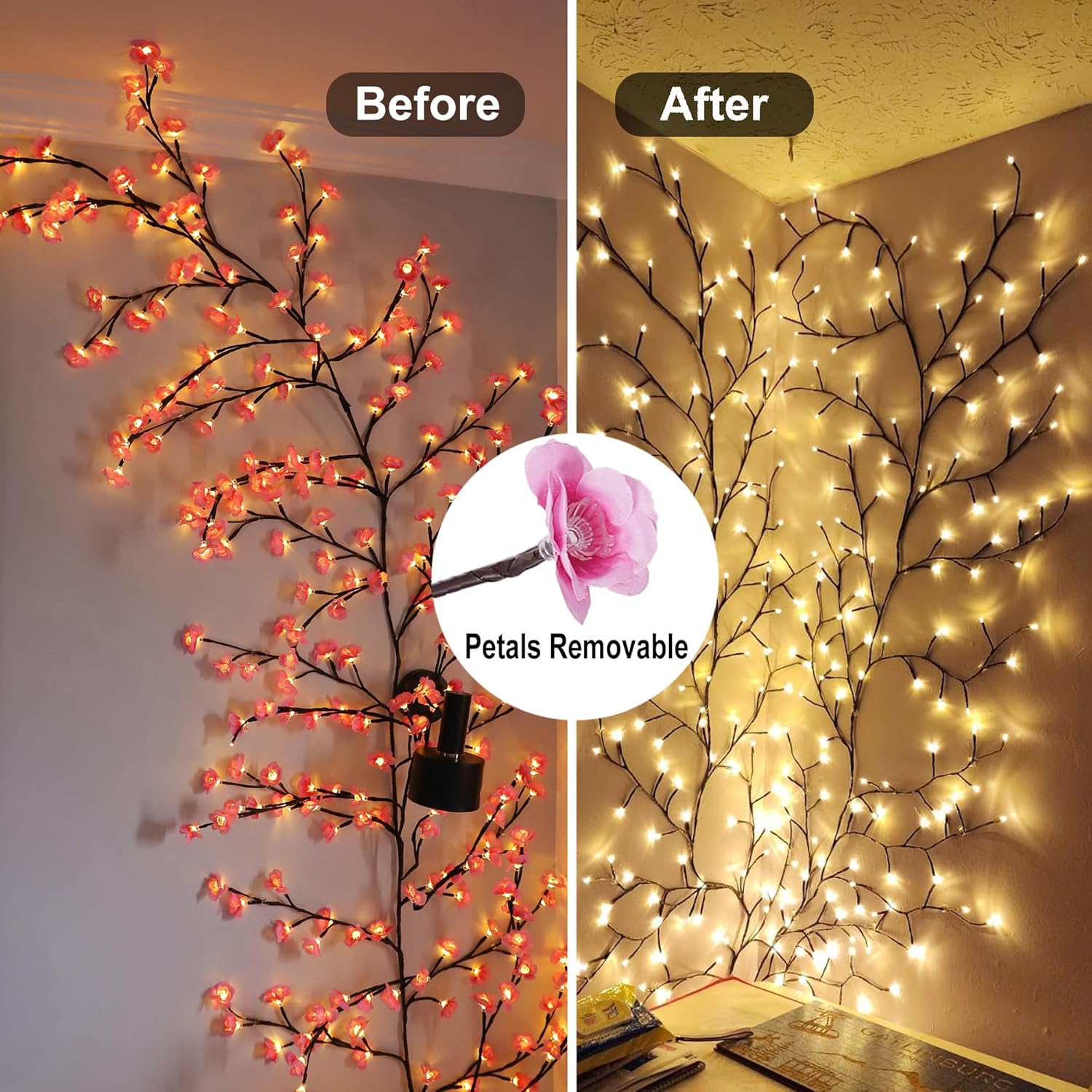 Cherry Blossom Led Lights For Wall Decor, 48 Led Willow Vine Twig Garland With Remote Control, 8 Lighting Modes, Indoor
