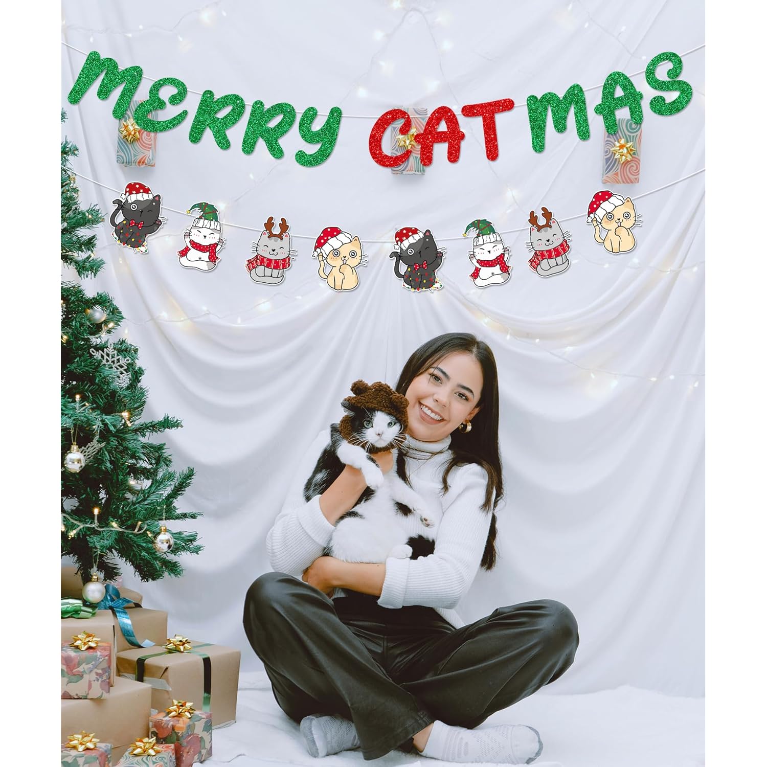 Glittery Merry Catmas Banner With Christmas Cat Patterns Green Red Meowy Christmas Fireplace Wall Garland Cat Themed Merry Xmas Holiday Party Decorations
