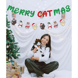 Glittery Merry Catmas Banner With Christmas Cat Patterns Green Red Meowy Christmas Fireplace Wall Garland Cat Themed Merry Xmas Holiday Party Decorations