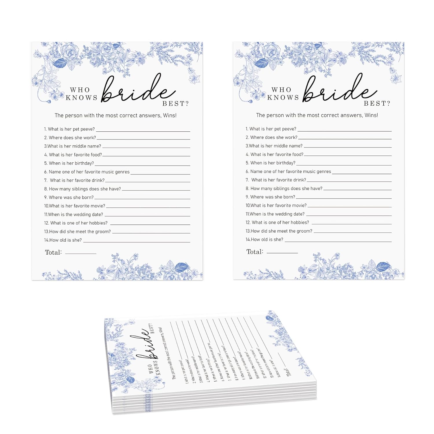 Who Knows The Bride Best Bridal Shower Game-Set Of 30, Blue Floral Bridal Shower Cards, Wedding Party Game Cards For Guests,Something Blue Before I Do Decorations, Bridal Shower Ideas-Hlyxb01