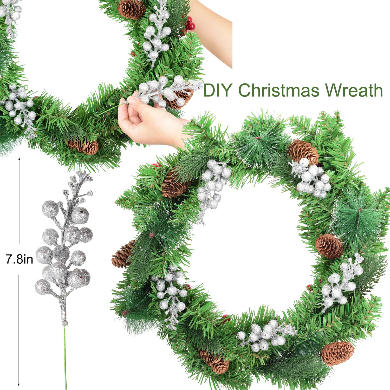 14 Pack Christmas Glitter Berries Stems, 7.8Inch Silver Artificial Christmas Picks For Christmas Tree Ornaments, Diy Xmas Wreath, Crafts, Holiday And Home Decor