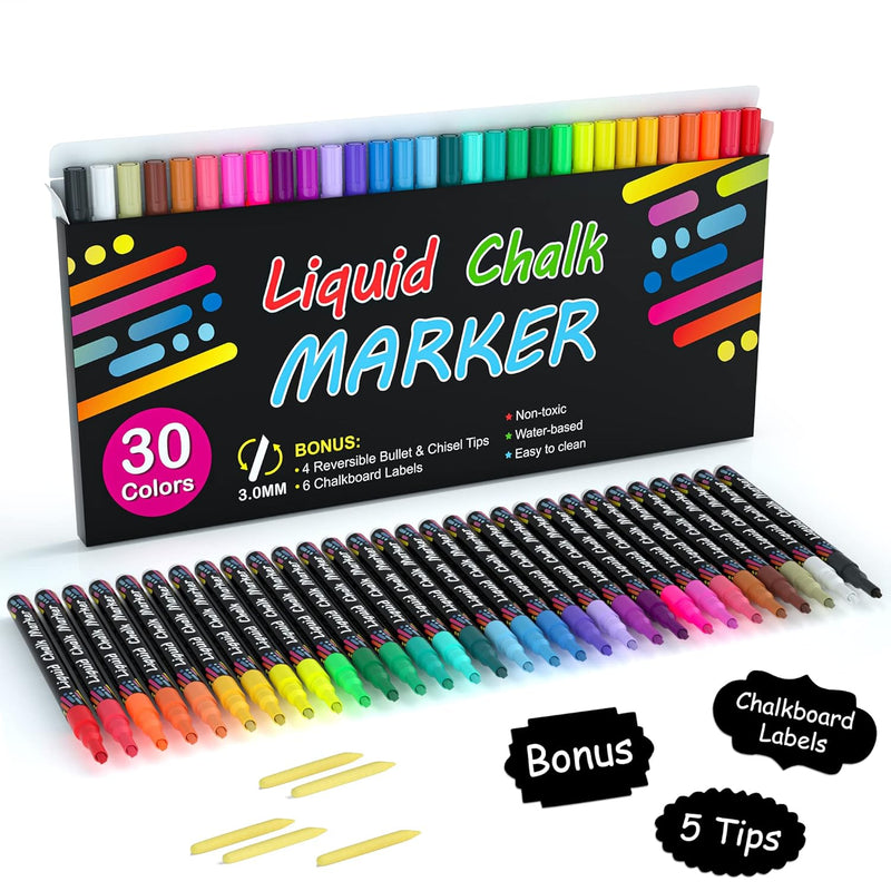 Chalk Markers, 30 Vibrant Colors Liquid Chalk Markers Pens For Chalkboards, Wi