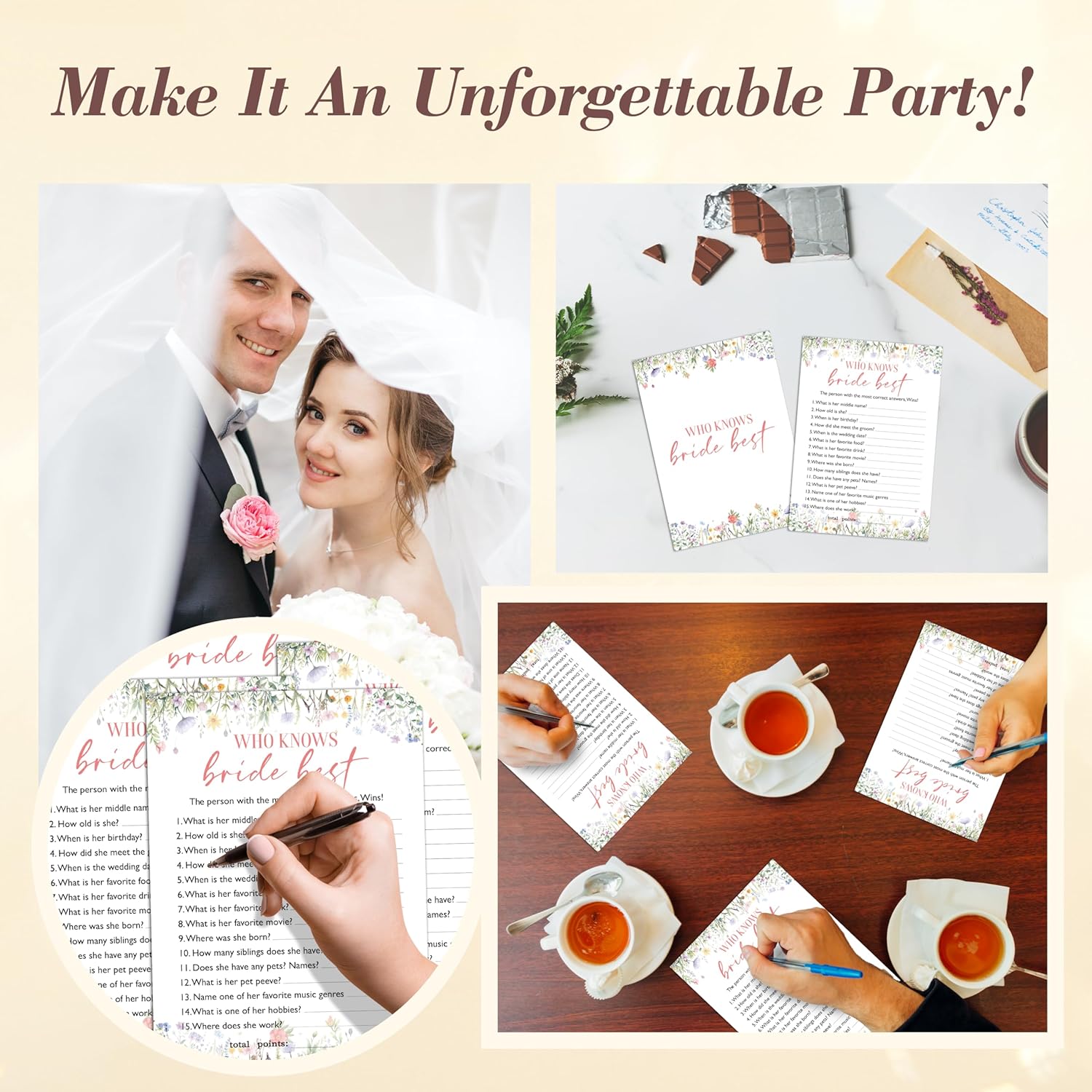 Bridal Shower Games, 25 Game Cards, Wildflowers Theme Games Card For Wedding, Bridal Shower, Engagement, Bachelorette Party, Wedding Party Game For Decorations Favors Supplies -A09