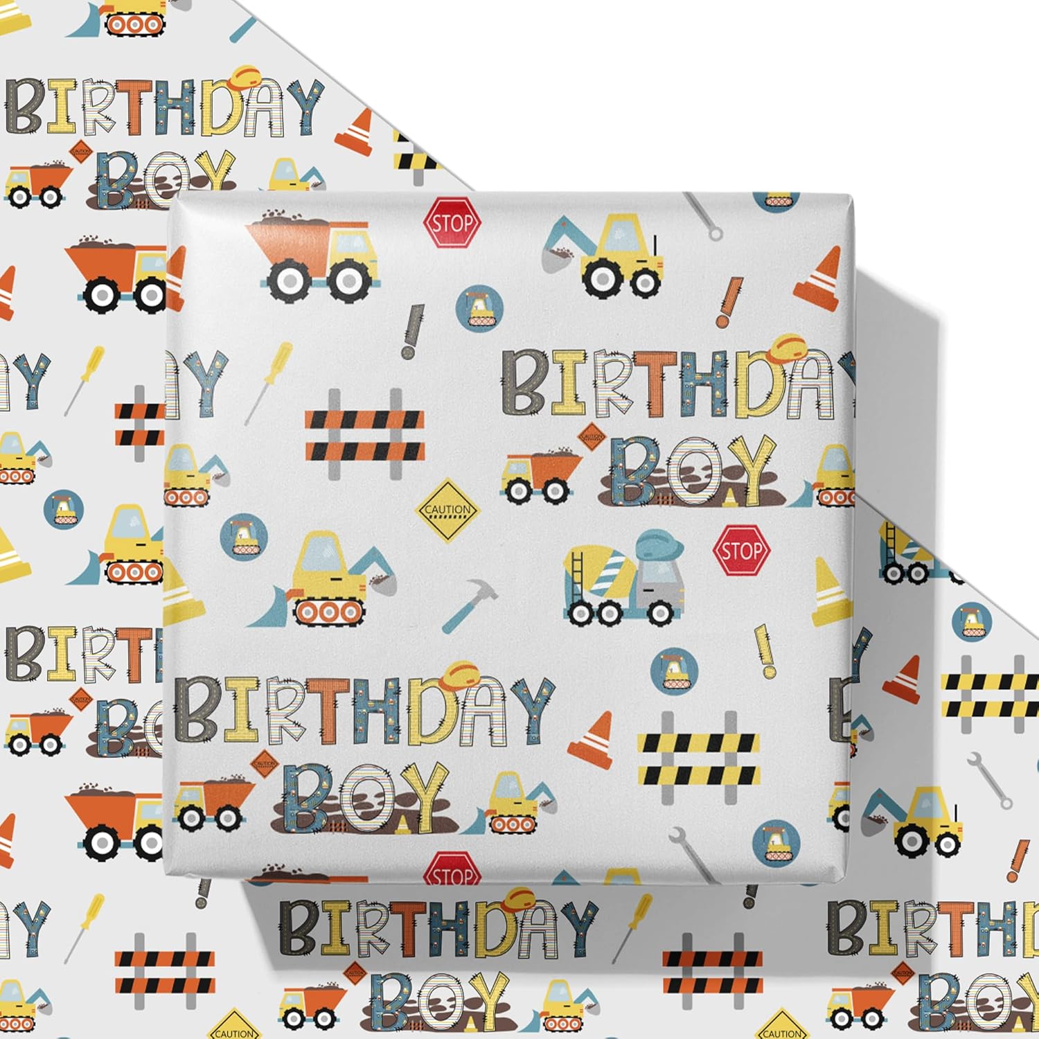 Construction Birthday Wrapping Paper For Boys - Gift Wrap With Dump Truck Excavator And Birthday Boy Lettering For Kids’ Birthday, Baby Shower - 28X40 Inches, 4 Folded Sheets