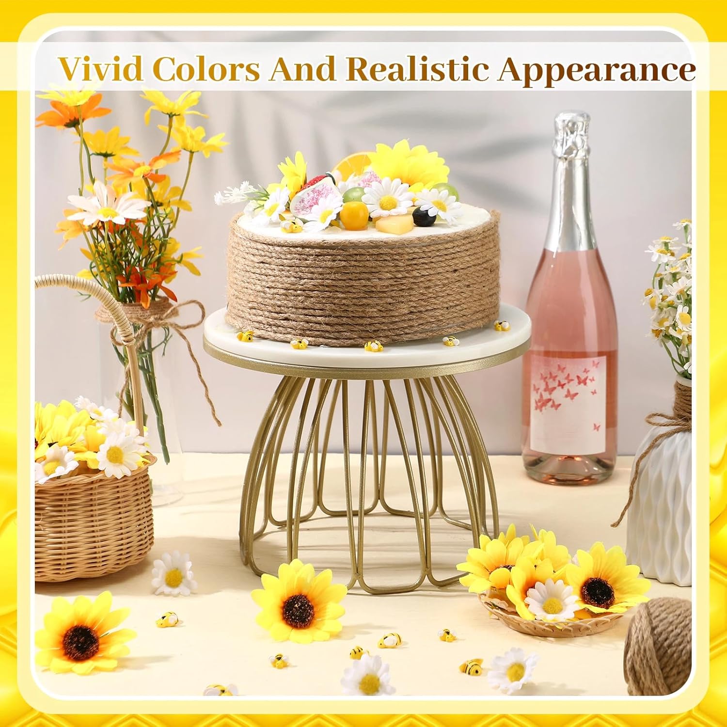 166 Pcs Artificial Sunflower Heads Tiny Bees Craft Decoration Fake Faux Silk Daisy Decoration Fabric Daisy Flower Head With Jute Rope For Party Wedding Diy Decor(Yellow And White,Single Size)