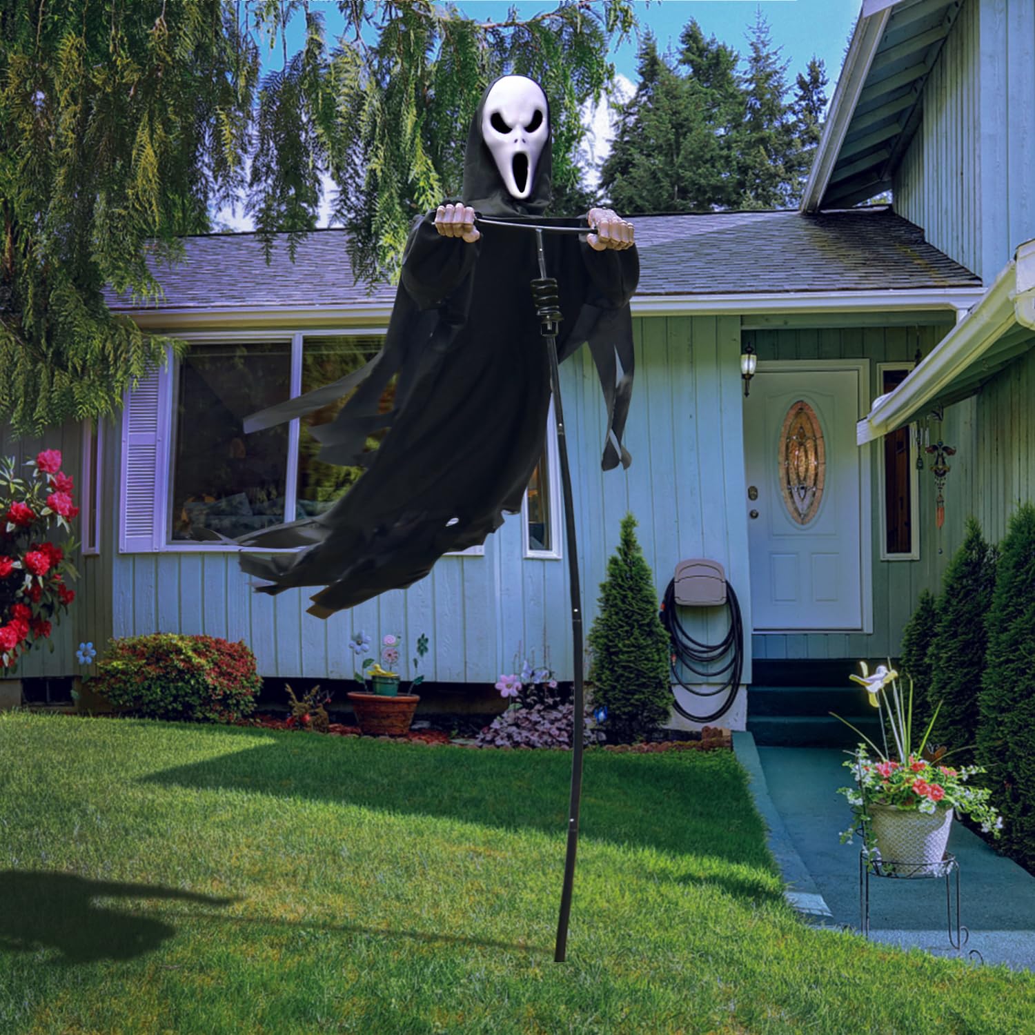 Halloween Scarecrow Ghost Outdoor Decorations, 7.5Ft Halloween Rotatable Flying Ghost Home Decoration for Outdoor Garden, Porch, Yard