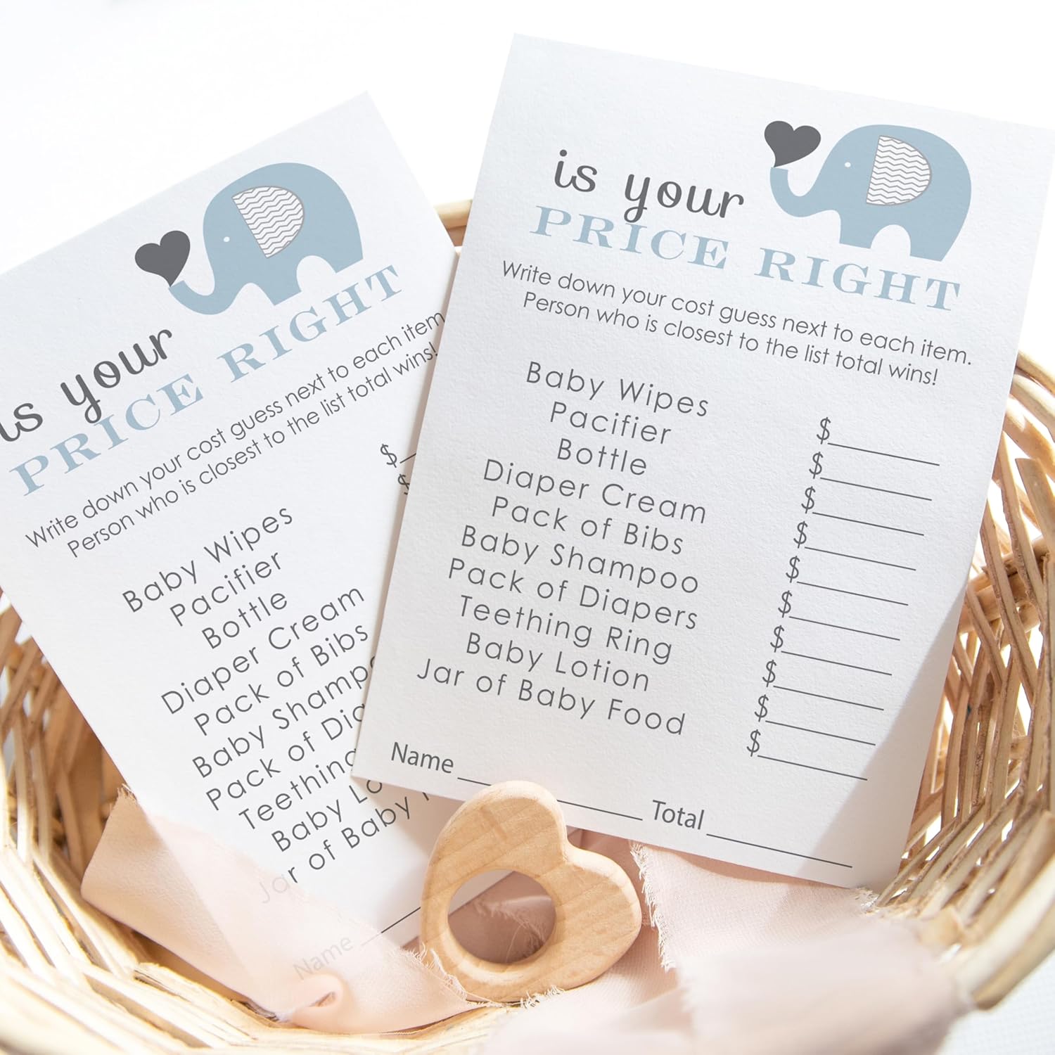 Blue Elephant Baby Shower Games - The Price Is Right Game - 25 Cards - Activities For Guests - Jungle Animal Theme For Boy Baby Shower - Ideas For Couples & Gender Reveal