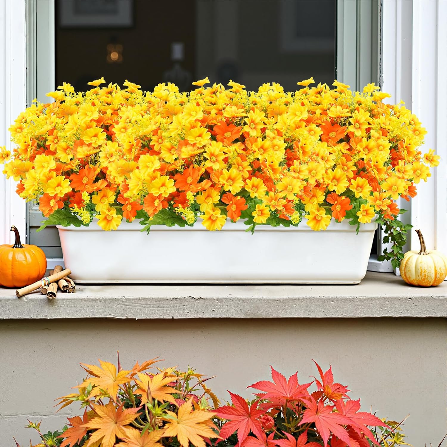 24 Bundles Artificial Fall Flowers For Outdoors Fake Daisy Mums Flowers Uv Resistant Autumn Flowers No Fade Indoor Outside Home Wedding Garden Porch Fall Décor (Orange Yellow)