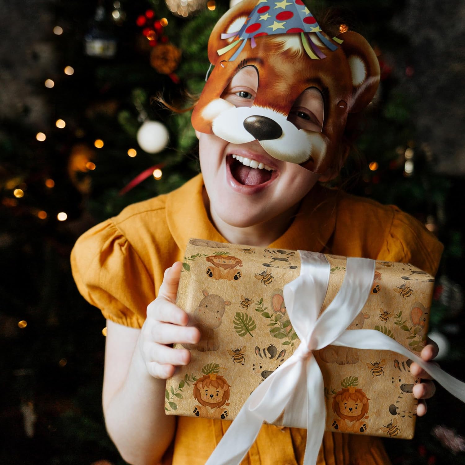 Kraft Baby Shower Wrapping Paper For Kids - Safari Animals Gift Wrap With Lion, Elephant, Zebra, Hippo And Bee Design For Birthday Baby Shower - 28×40 Inches, 4 Folded Jumbo Sheets