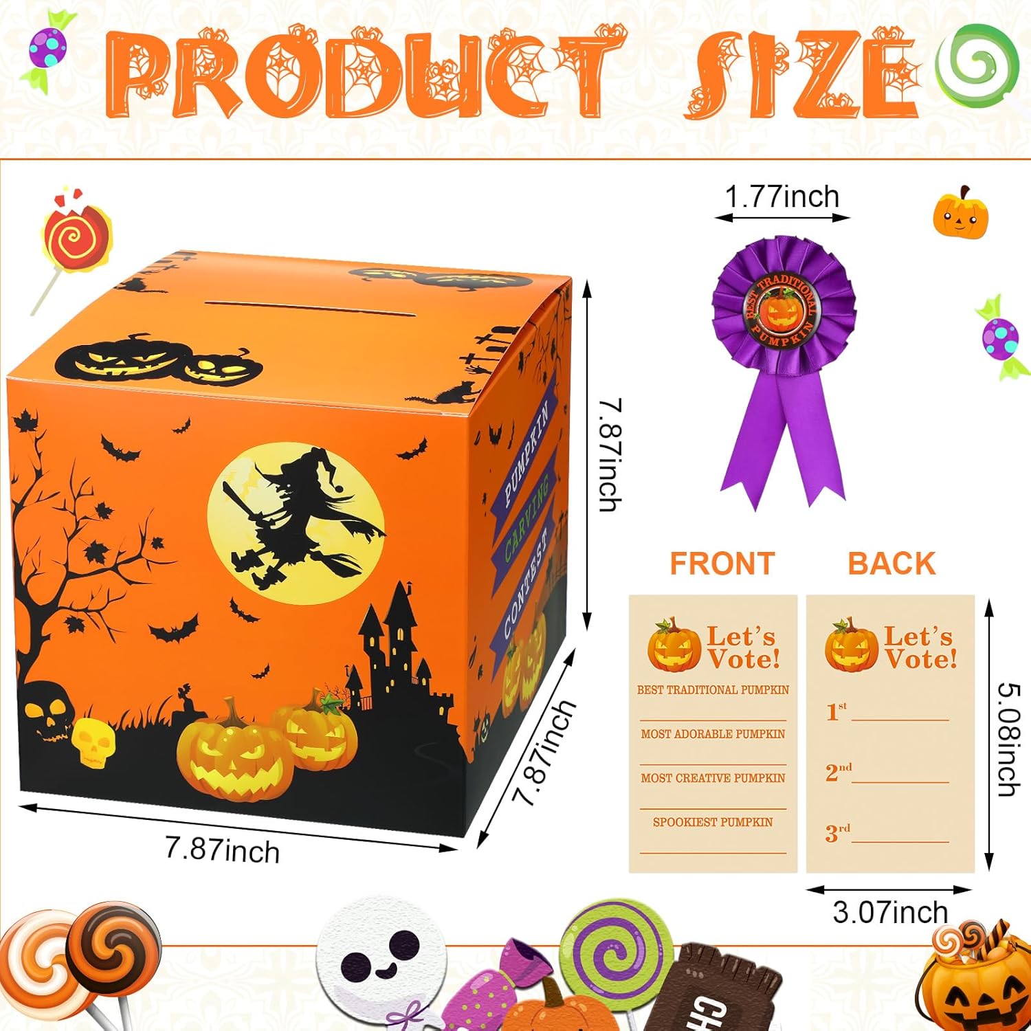 58 Pcs Halloween Pumpkin Carving Contest Awards Kit Including Halloween Ballot Box 50 Voting Cards 7 Pumpkin Carving Prize Award Ribbons For Game Party Decoration
