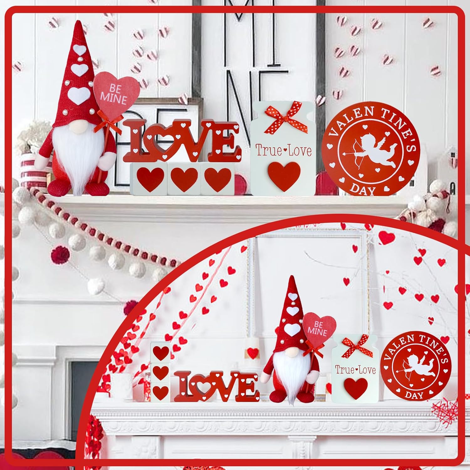 8Pcs Valentines Day Tiered Tray Decor Set - Valentines Gnomes Plush, Wood Love Signs, Wooden Beads Garland - Farmhouse Valentines Day Decorations For Home Table