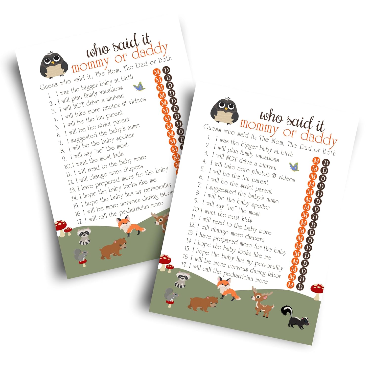 Woodland Mommy Or Daddy Baby Shower Game - 25 Pack - Guess Who Activity Cards - Cute Rustic Gender Reveal Themes For Boys Or Girls - Printed 5X7 Set