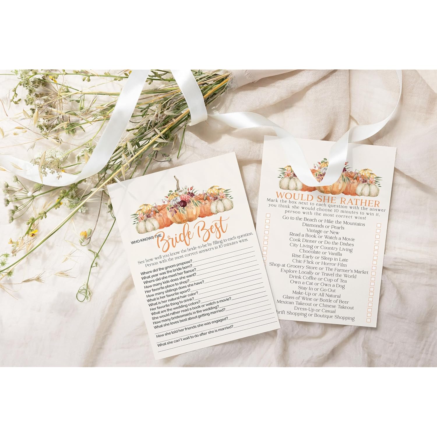 Rustic Pumpkin Bridal Shower Games Pack - 25 Guests, 5X7 Size, Premium Quality Cardstock, Fall Theme, Who Knows The Bride Best & Would She Rather, Autumn Wedding Shower Games