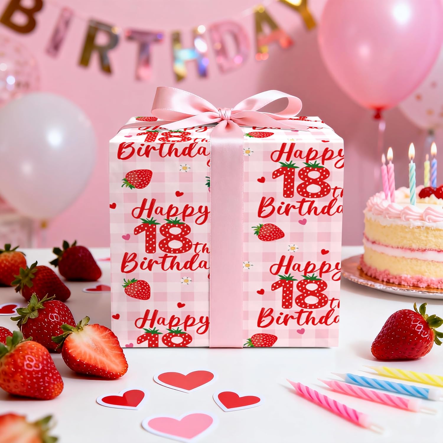 Happy 18Th Birthday Wrapping Paper Roll, Strawberry & Pink Gingham Gift Wrap For Girl’S Eighteenth Age18 Birthday Party, Gifts & Decorations, Mini Roll 17 In X 16.4 Ft