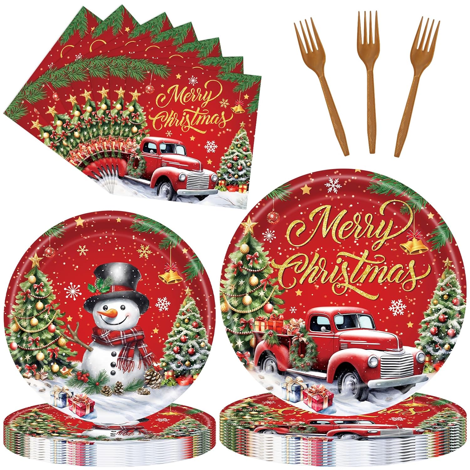 96 Pieces Merry Christmas Tableware Set – Red Truck And Snowman Themed Disposable Party Supplies With Paper Plates, Napkins, And Forks For Holiday Dinners, Christmas Parties, And Winter Events – Serve