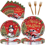 96 Pieces Merry Christmas Tableware Set – Red Truck And Snowman Themed Disposable Party Supplies With Paper Plates, Napkins, And Forks For Holiday Dinners, Christmas Parties, And Winter Events – Serve