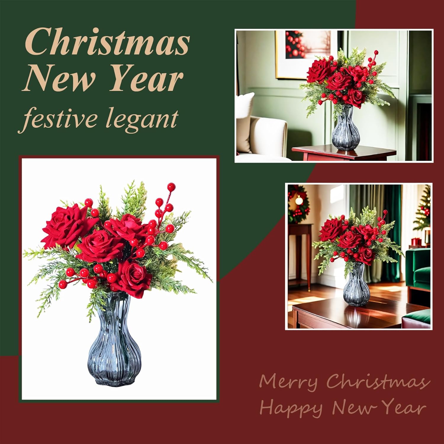 Artificial Flowers, Winter Flowers Artificial - Roses Bouquet With Berry And Pine Stems, 11 Pcs Faux Flowers & Plants For Indoor Decoration, Artificial Flowers Bouquet For Holiday, 12 Inch