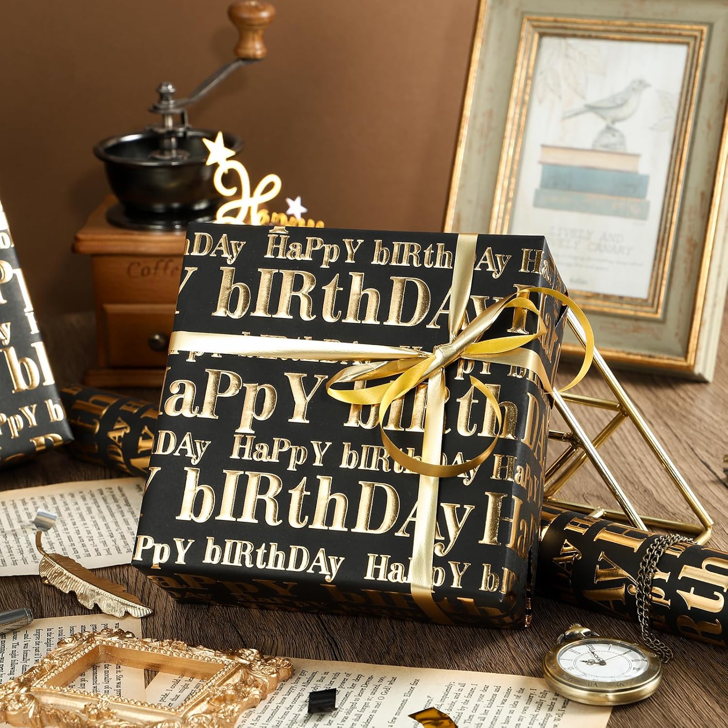 3D Kraft Birthday Wrapping Paper Roll - Mini Roll - 17 Inch X 16.5 Feet - Gold And Black Happy Birthday Lettering Design With Embossed Perfect For Holiday, Party Celebration