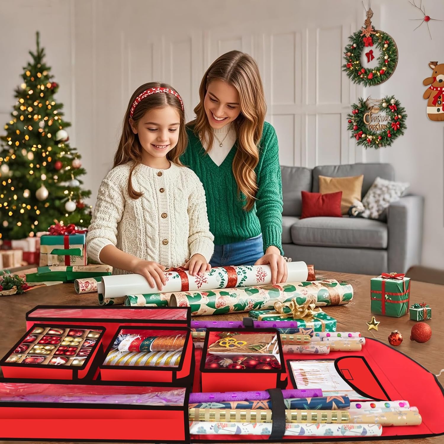 Hanging Gift Wrapping Paper Storage, 40"X17" Red Double-Sided Christmas Wrapper Bag Container, Oxford Craft Roll Organizer, Present Wrap Holder For Bedroom Closet, Door, Cabinet