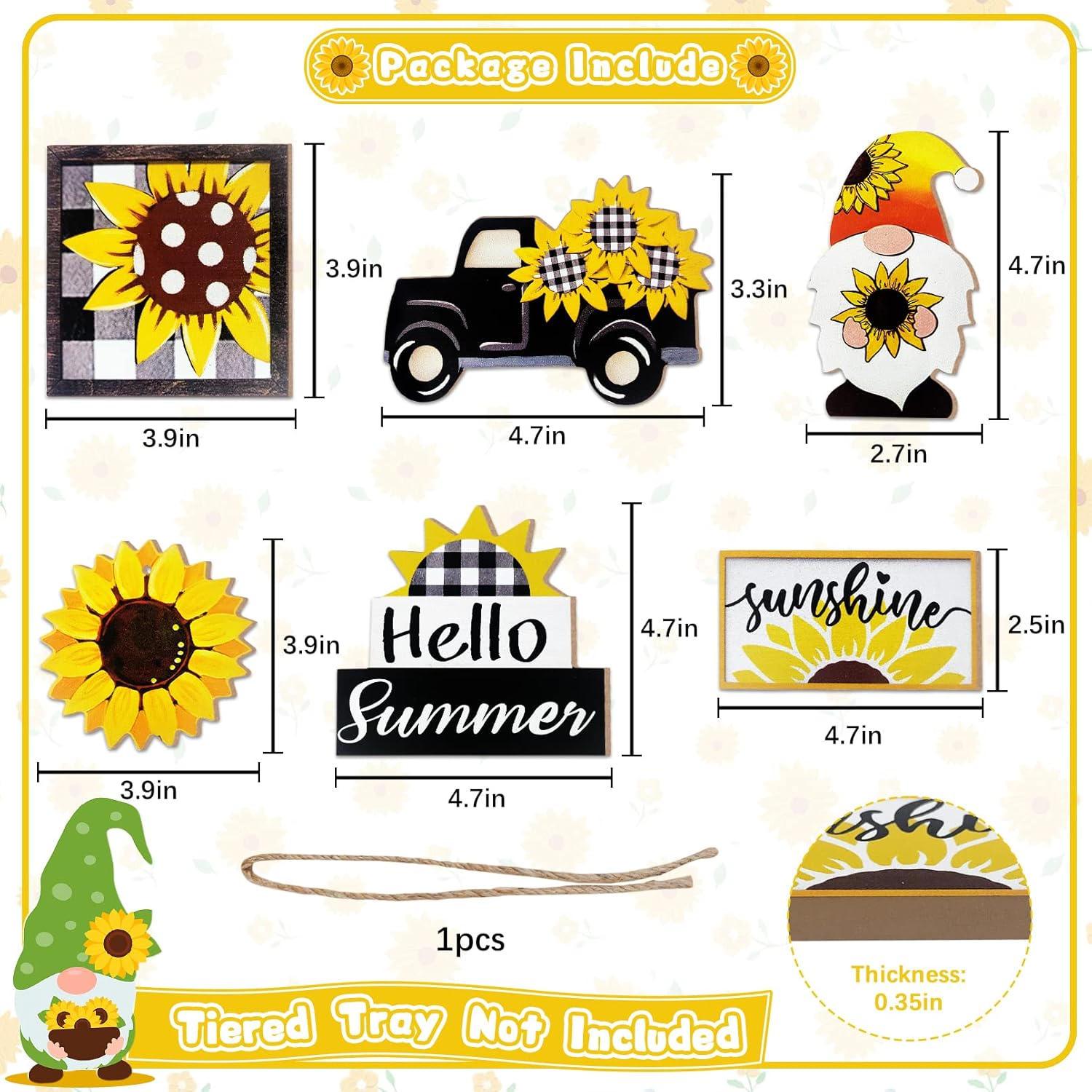 Summer Tiered Tray Decor, Farmhouse Sunflower Tray Decorations, Hello Spring Summer Sunflower Gnome Sunshine Truck Wooden Signs, Buffalo Plaid Rustic Home Decor For Table Mantel Office Party