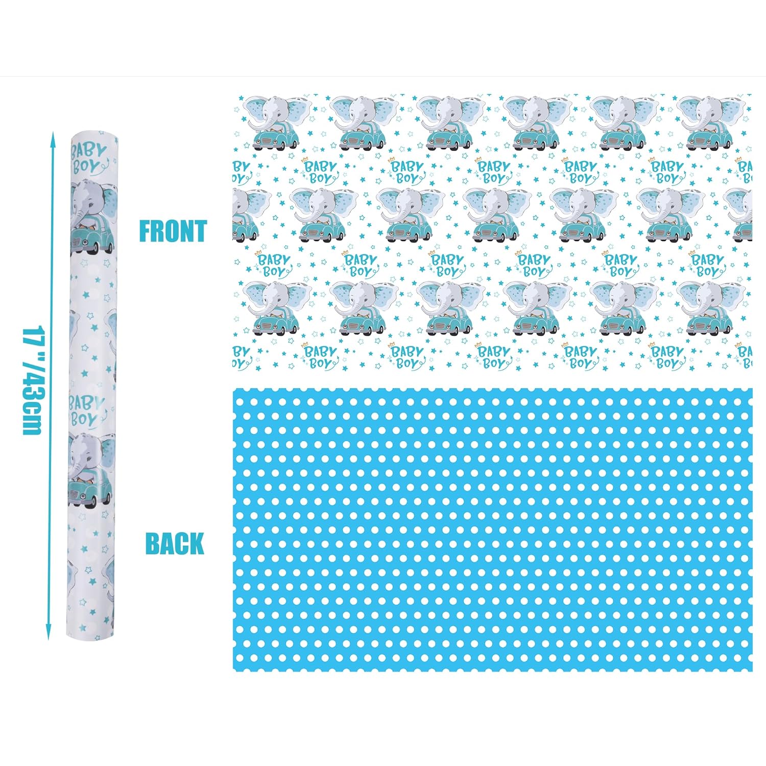 Reversible Baby Boy Wrapping Paper For Kids Boys - 17 Inch X 33 Feet - Blue Elephant Truck & Polka Dot - Cute Animals Patterns For Birthday Baby Shower New Baby Party Decoration