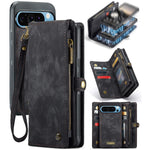 Pixel 9 Pro XL Wallet Case, Leather Zipper Folio, Card Holder, Wrist Strap - Black