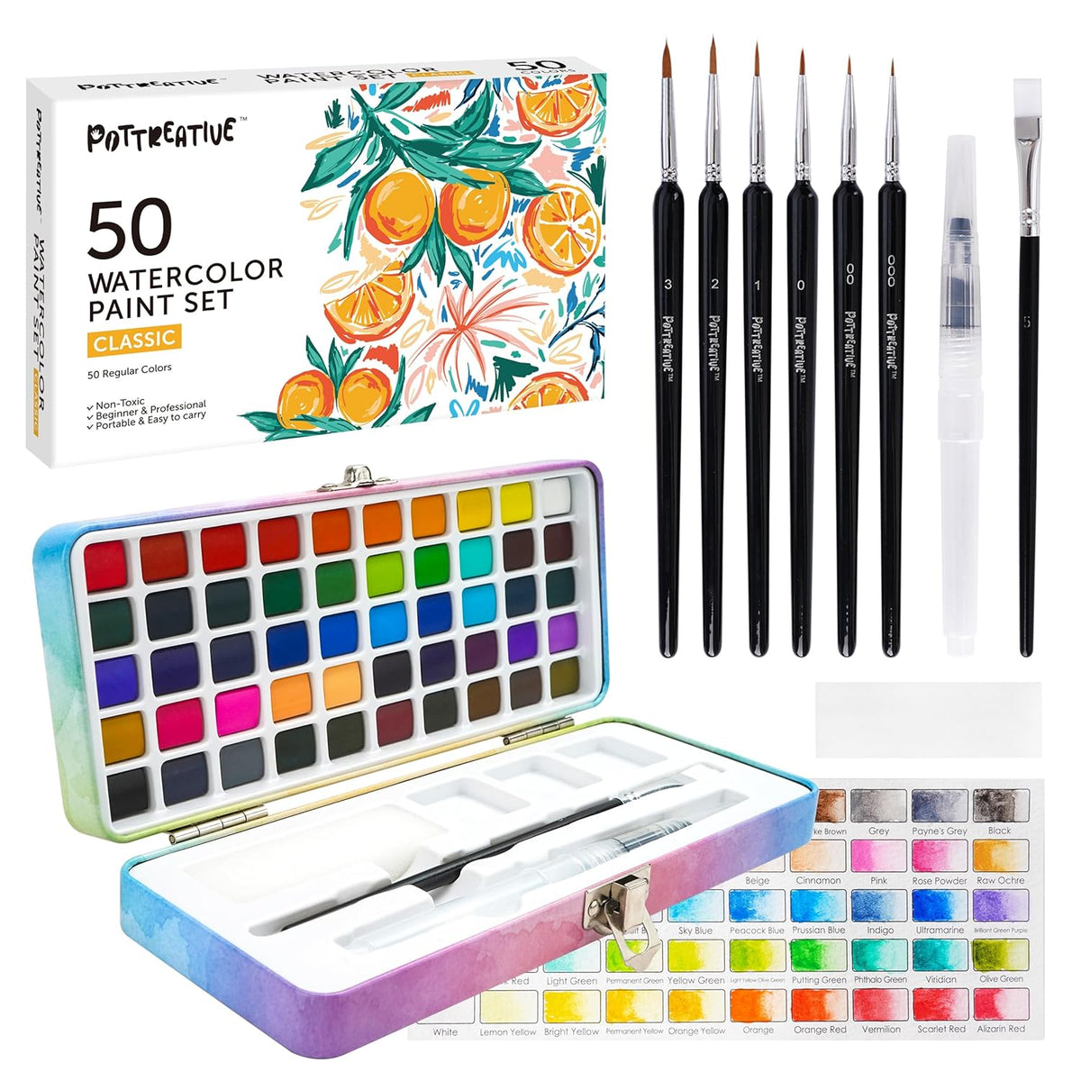 50 Solid Watercolor Paint Set, Beginner Portable Travel Case, Built-In Palette With Detailed Brushes, Non-Toxic Art Supplies For Classroom, Camp Safe - Gift Idea For Festivals, Birthdays, Holidays